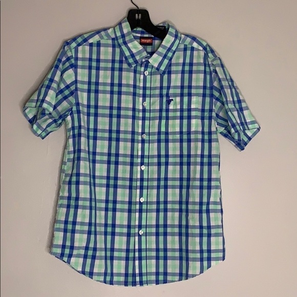 Wrangler plaid Casual short sleeve Button Down shirt Kid’s XXL blue green - Picture 2 of 7